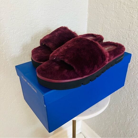 STUART WEITZMAN‎ Elodie Chill Faux Fur Slide Slipper Sandal Size 9 Cranberry NWT - Picture 15 of 17